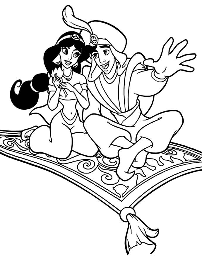 Desenho da Jasmine e Aladim para pintar