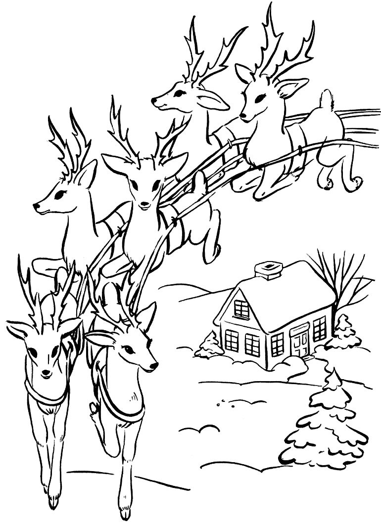 Desenho de Renas e Papai Noel para colorir
