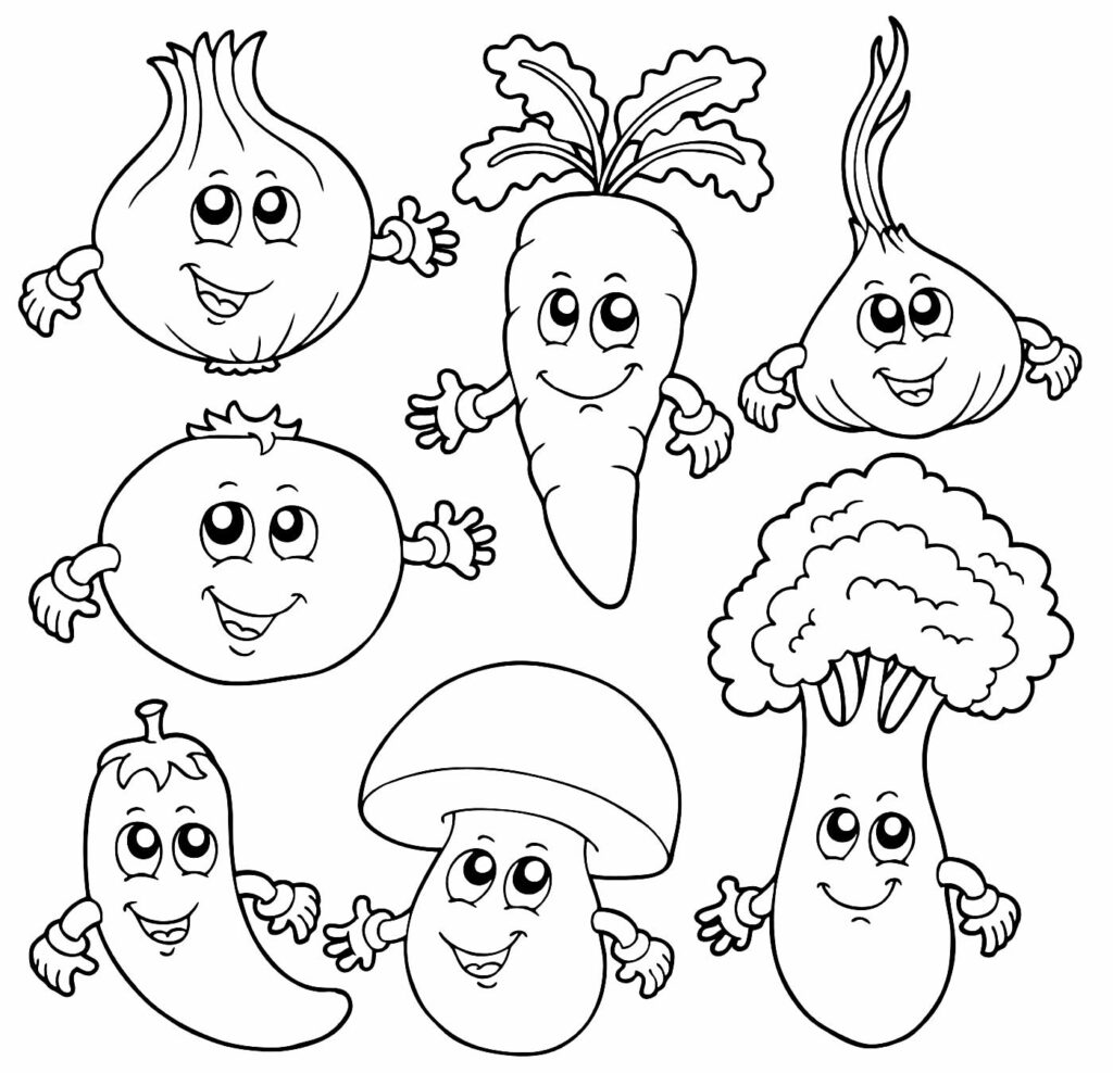 Desenho de comida fofa para colorir - Legumes