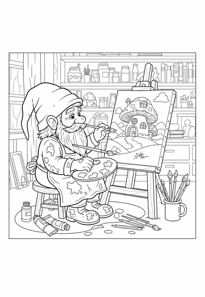 Desenho de Gnomo pintando para colorir