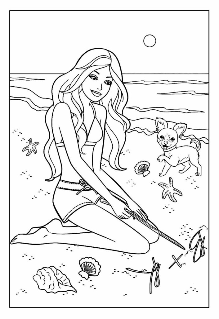 Desenho de Barbie na praia para colorir